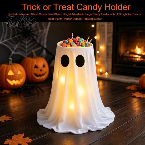 Halloween Ghost Candy Bowl Lighted Stand, Height Adjustable Large Holder with Indoor Tabletop Centerpiece LED Light for Trick or Treat, Porch, Outdoor