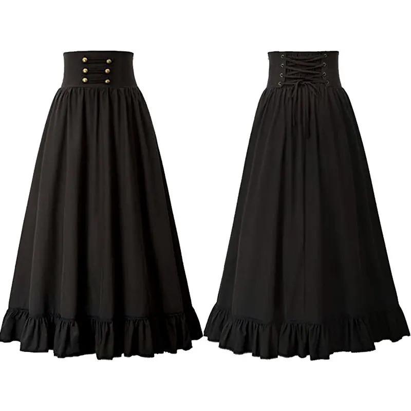 Gonna Lunga da Donna Medievale Vintage Estiva Vita Alta Linea ad A Vittoriana Lunga Steampunk Gotica Ruffle Pieghettata Gonna da Festa
