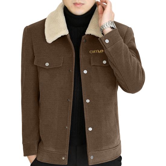 Men Jacket Coat Solid Color Lapel Button Closure Casual Jacket Thickened Velvet Lining Outerwear Daily Wear