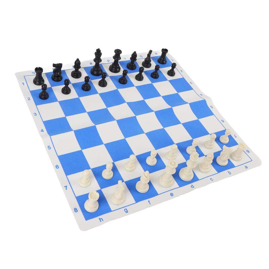 Chess Set 42cm Blue and White Rollable PU Checker Board 75mm Plastic Chess Pieces with Felt Padding