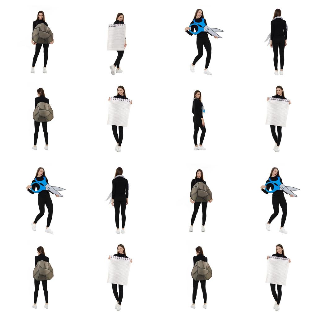 Kreatives und verspieltes Halloween-Kostüm im Schere-Stein-Papier-Stil für Bars und Bühnenshows