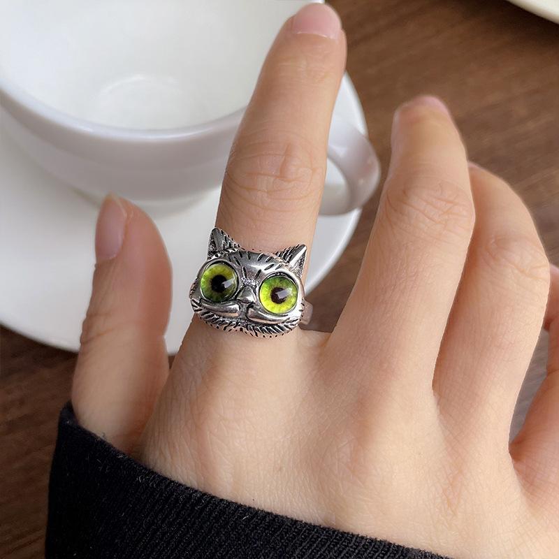 Cute Retro Thai Silver Cat Rings Fashion Cat Owl Eye Opening Adjustable Ring for Women Men Trendy Statement  Accessories