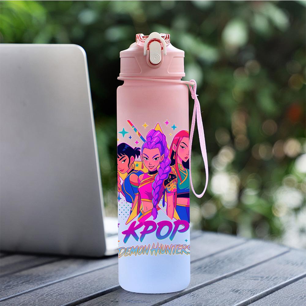 600Ml Water Bottle Anime Cartoon K-Pop Demon Hunters Printed Large Capacity Drinking Cup Portable Outdoor Sports Water Cup Children Kid Gift