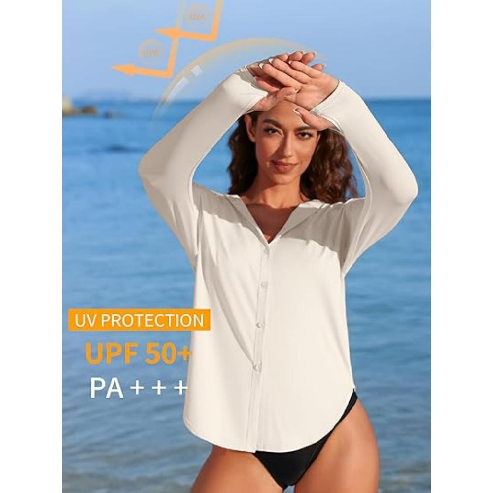 CHARMLEAKS Women Rash Guard UPF 50+ Sun Protection Clothing Button Down SPF Hoodie Beach Shirts