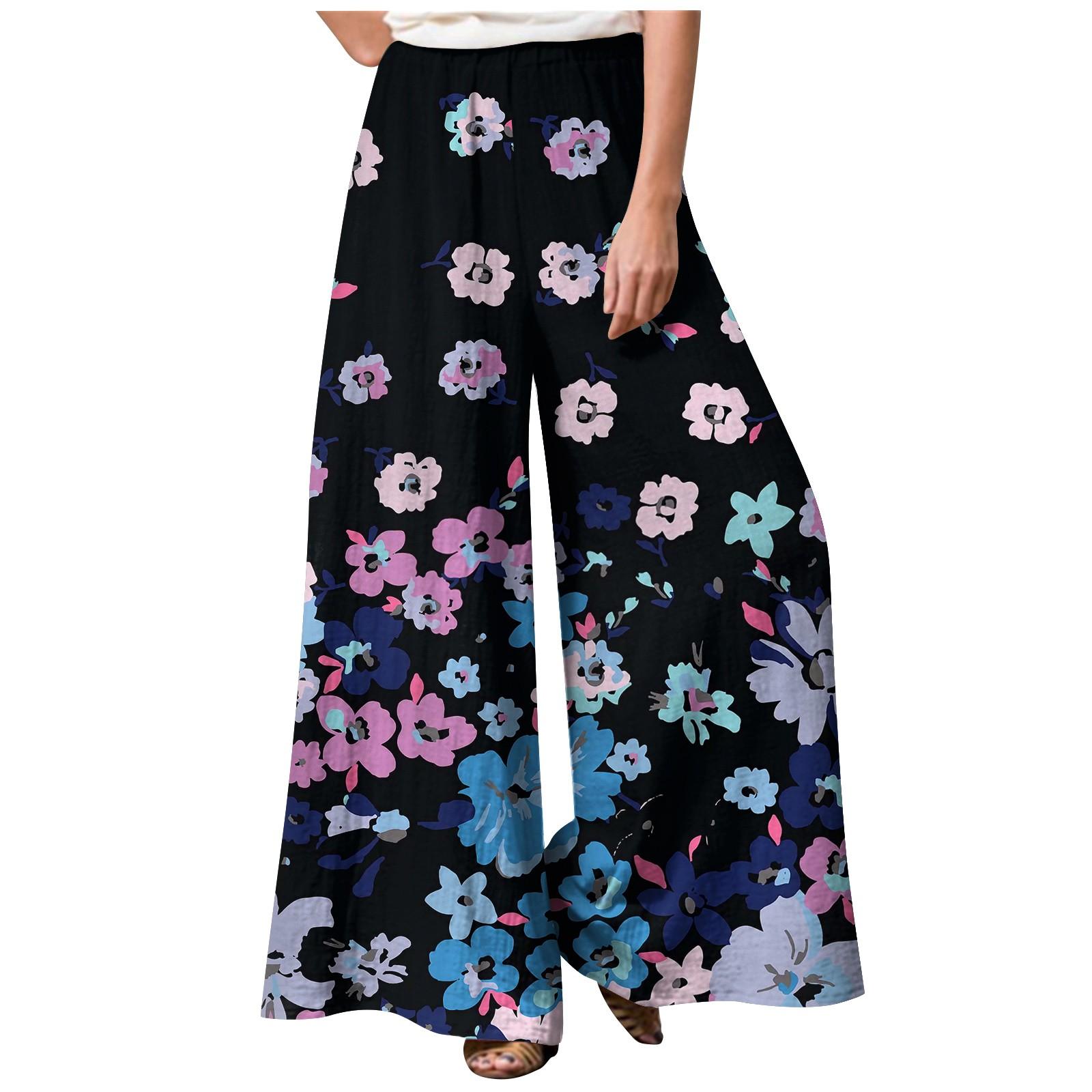 

Women s Fashion Loose Casual Print Elastic Waist Pocketless Wide Leg Casual Pants M чёрный