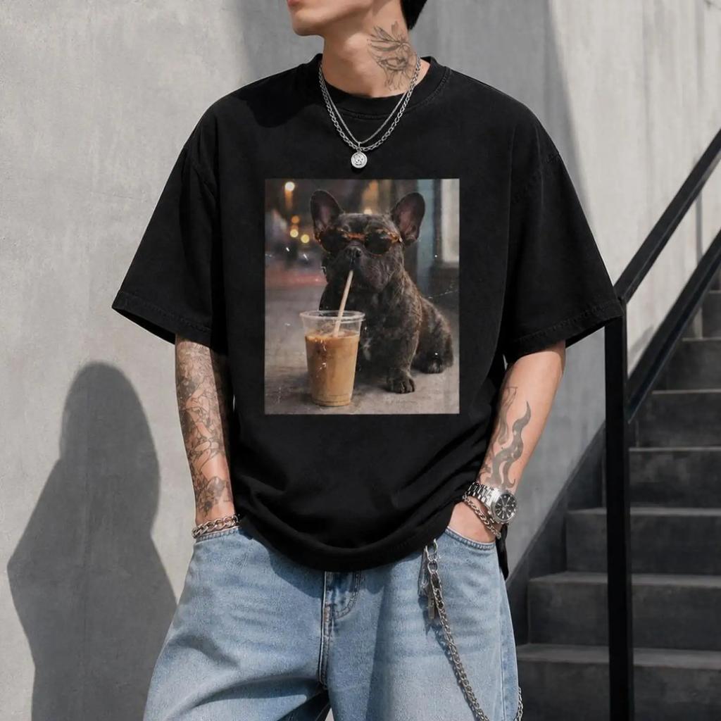 Cute Dog Drinking Iced Coffee T Shirt Lover Pet Funny Owner Vintage Homme Casual Versatile Unisex Stretched Stylish Soft