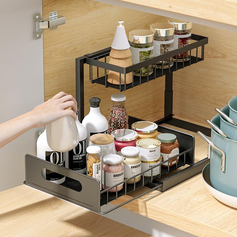 Organizzatore Sottolavello Estraibile A 2 Livelli, Regolabile In Altezza, Struttura Metallica, Nero, Per Cucina E Bagno
