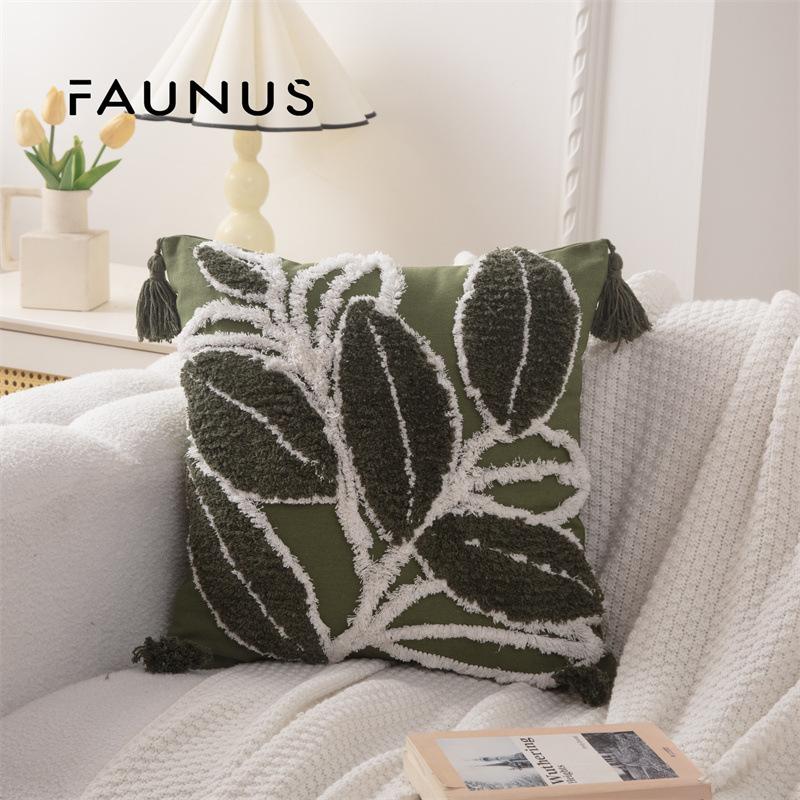 Geborduurde Bladtextuur Kussenhoes Boho Esthetiek Decoratieve Plaid Kussenhoezen Met Rits Voor Woonkamer Bank Bed Decor 45x45cm