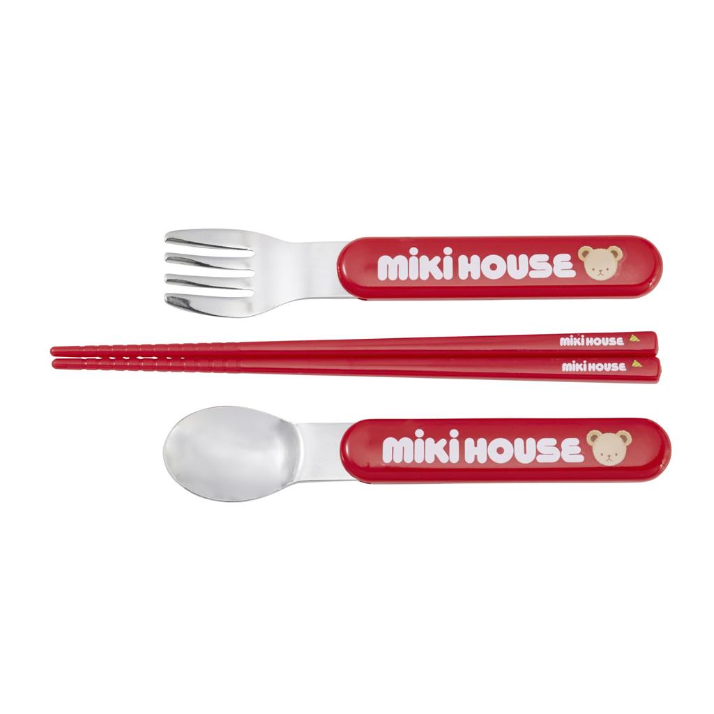 MIKI HOUSE Trio Set: Chopsticks, Spoon, Fork, and Bear Design, Made in Japan, Dishwasher Safe, Suitable for Boys and Girls, Baby, Kids, Kindergarten,