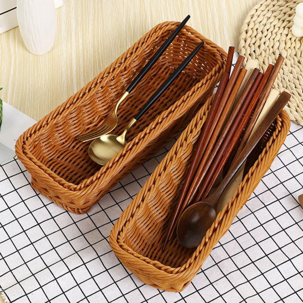 Rectangular Imitation Rattan Storage Basket Simple Plastic Picnic Basket Chopsticks Spoons Forks