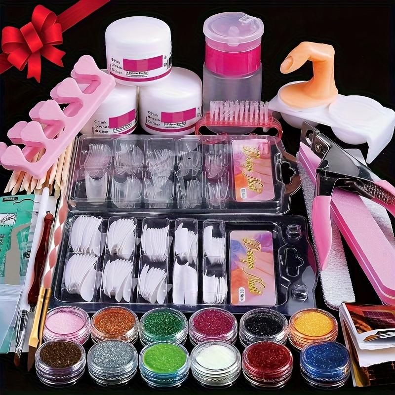 Beginner DIY Acrylic Powder Nail Art Tool Kit, 12 Color Glitter, Straight Nail Clipper, Nail Tips, Pump Bottle, Extension Forms