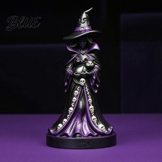 Hand Carved Resin Craft Lighted Witch Figurine Holding Black Cat Statue Gothic Stable Base Figurine Sculpture with LED Lights for Halloween