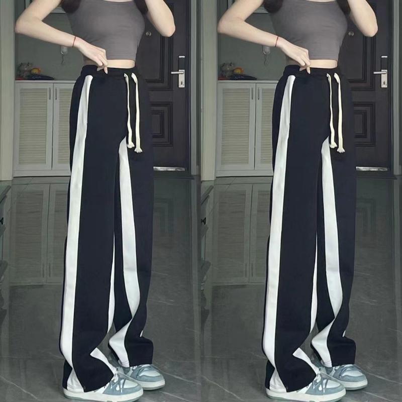 Women's Pants Black and White Stitching Casual Pants Sports Hundred Loose Straight Drape Dragging Wide Leg Pants