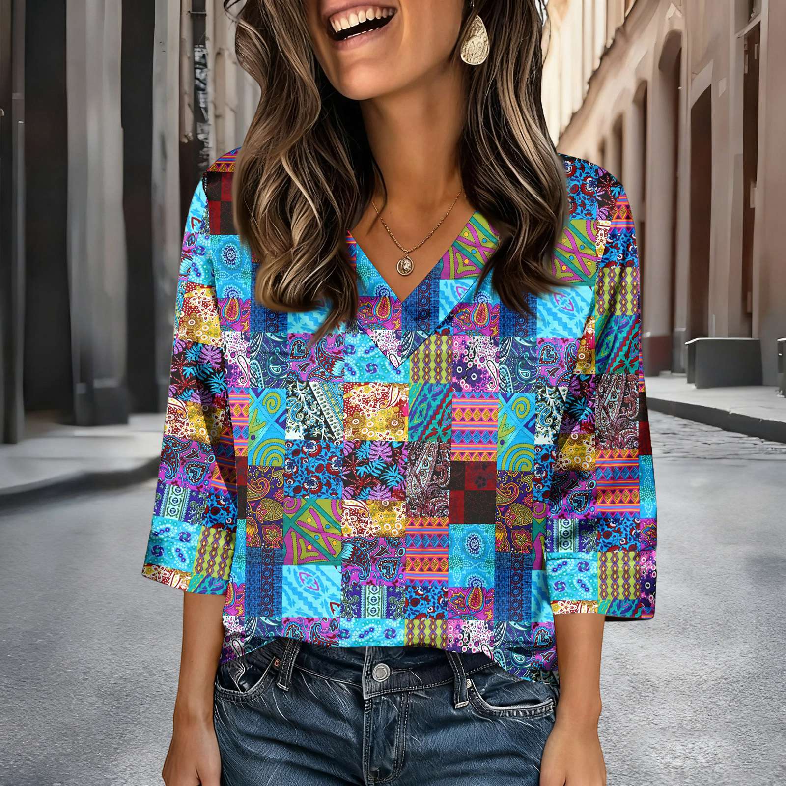 

Womens 3/4 Length Sleeves Shirts V-Neck Satin Loose Dressy Trendy T-Shirt Pullover Blouse Tops XXL