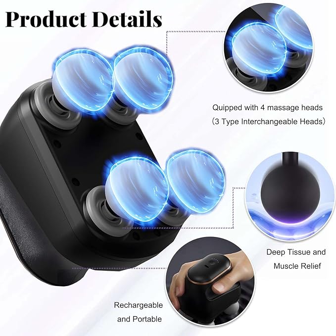 Electric Massager 4-Head Deep Muscle Relaxation Tissue 5 Adjustable Levels Rechargeable Vibration Device for Neck Back Shoulder