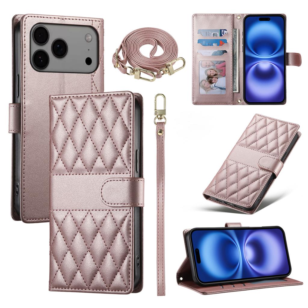 For iPhone 17 Pro Max Case Rhombus Stitching Wallet Stand Leather Phone Cover with Long/Short Strap