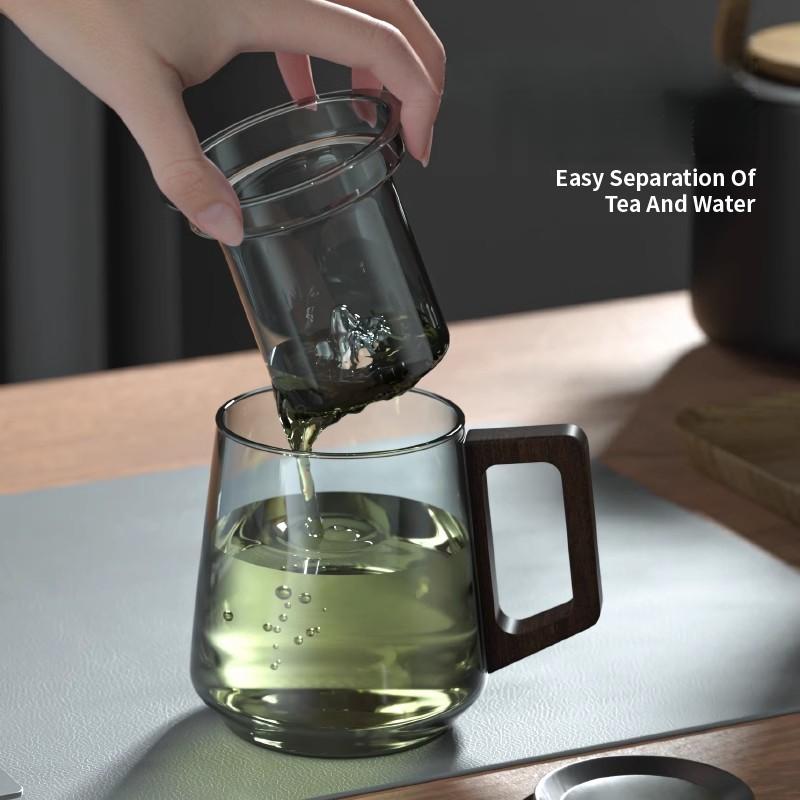 Glass Tea Cup Unique Guanshan Glass Inner Design Tea Filtration Office Walnut Anti-Scald Handle Teacup