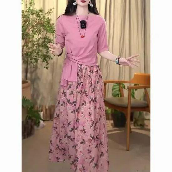 Chic Irregular Short Sleeve Top & Floral High Waist Midi Skirt Set