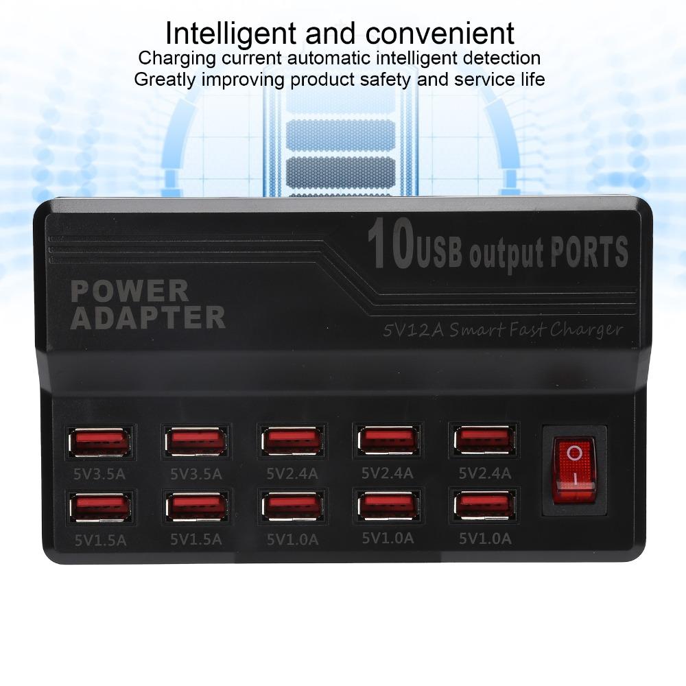 Universal 12A Power USB Smart Charger Fast Charging 10-Ports Multi Ports Charger 60W Power USB Charging Station Travel