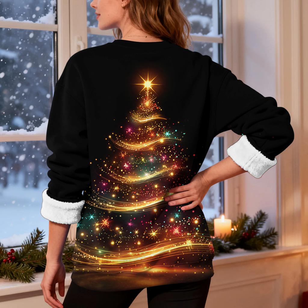 Women's Casual Fashion Round Neck Plus Velvet Thickened Christmas Print Sweatshirt
