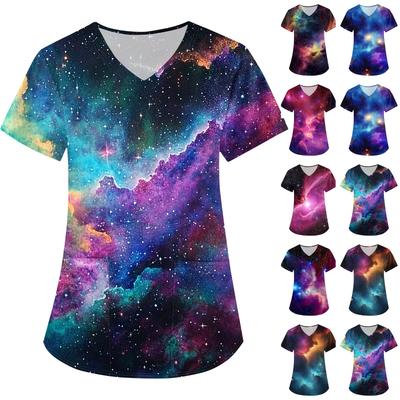 Women's  Sky Print Loose V-neck Pocket Short-sleeved Uniform  Uniform