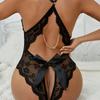 Deep V Metal Chain With Exposed Back Sexy Underwear Porn Bodysuit Erotic Black Bow Transparent Crotchless Women's Lingerie Set