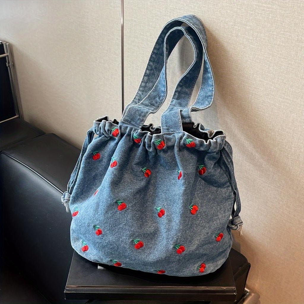 Fashion Denim Tote Bag for Women with Cherry Print Casual Messenger Handbag with Drawstring Closure and Polyester Lining Large Capacity Shoulder Bag