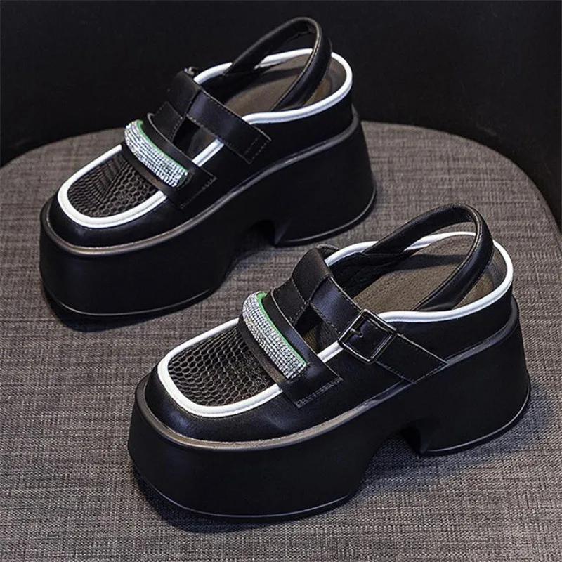 Fashion 11cm Air Mesh Genuine Leather Platform Wedge Sneakers Women Breathable Casual Hollow Chunky Summer Slippers Slides sandal