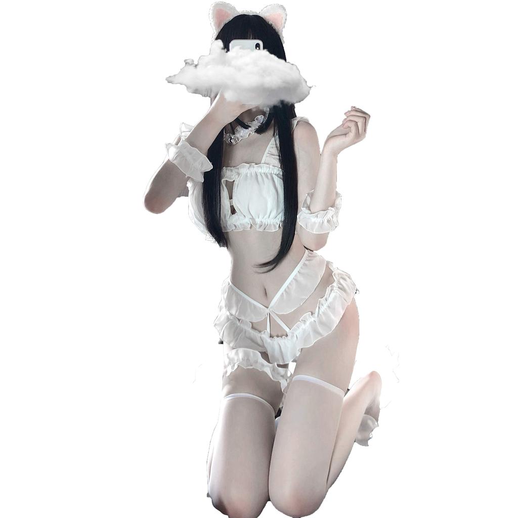 Sexy Cat Cosplay Luxury Set White Lingerie Halloween Costume Underwear Bunny Tail with Break Out of the Rut Cat e-Cosplay 8-Piece T-Back (Sexy