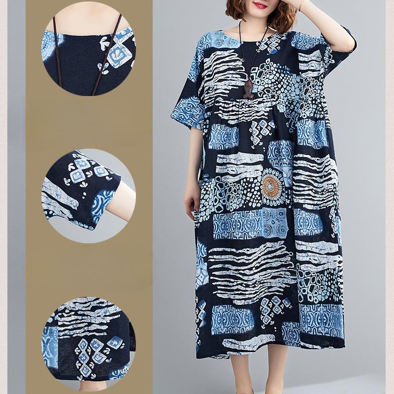 Hennep Katoen Rustieke Stijl Print Retro Zomer Plus Size Dames Losse Dunne Korte Mouw Zwaai Jurken