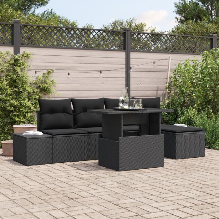 VidaXL Ensemble de canapé de jardin de 6 pièces avec coussins en rotin poly noir 3349169