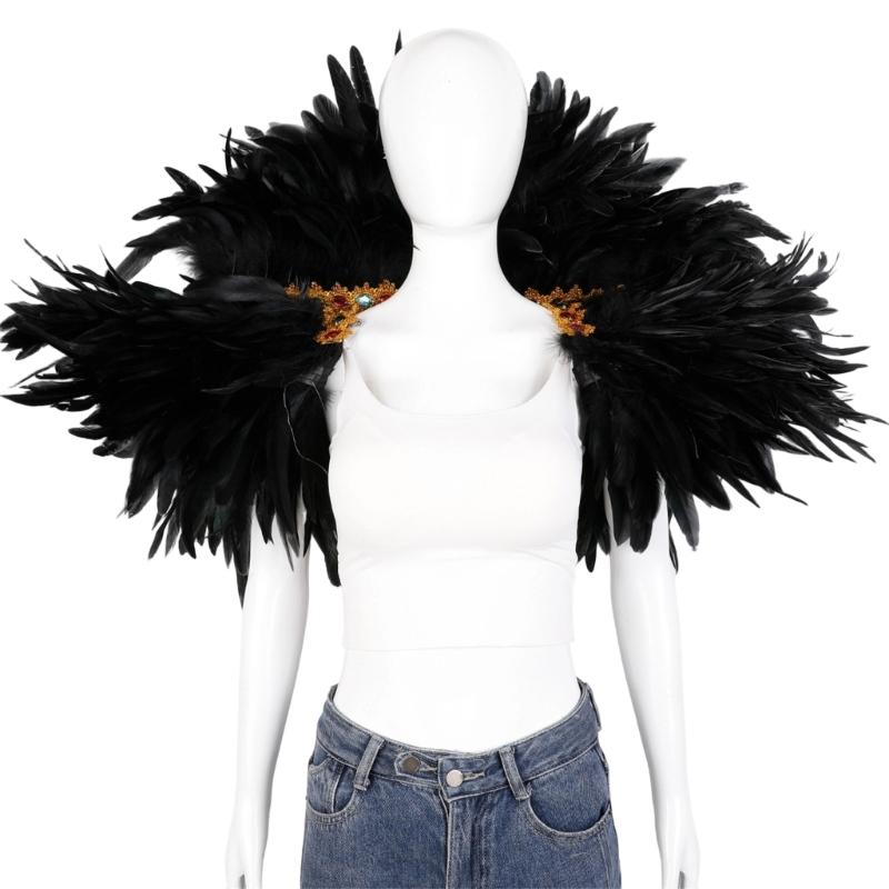 Veer Sjaal Cape Schouderomslag Gothic Veer Shrug Poncho Gouden Kraag Halloween Cosplay Kostuum voor Volwassenen Vrouwen