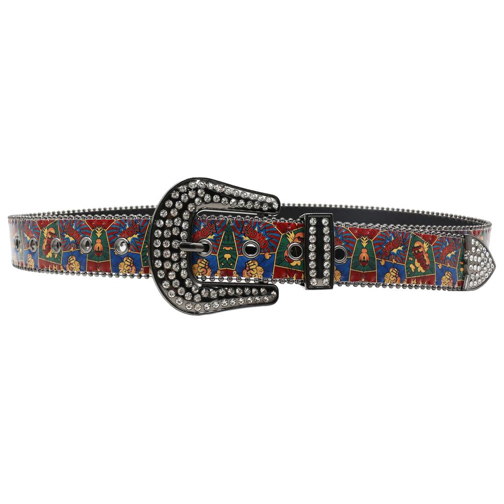 Rhinestone Belt Print Punk Creative Irregular Hand-painted Graffiti Belt Rock Fashion European and American Style PU Belt
