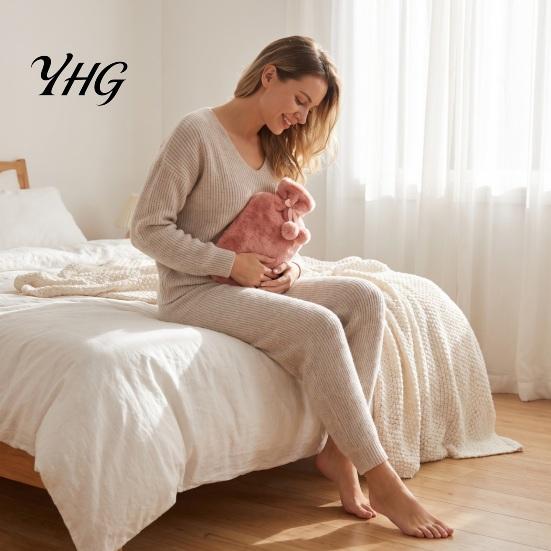 Period Pain Relief Hot Water Bag 2L Bottle with Plush Cover, Pompom Drawstring Bag, Winter Warm for Hands, Feet, Stomach Portable