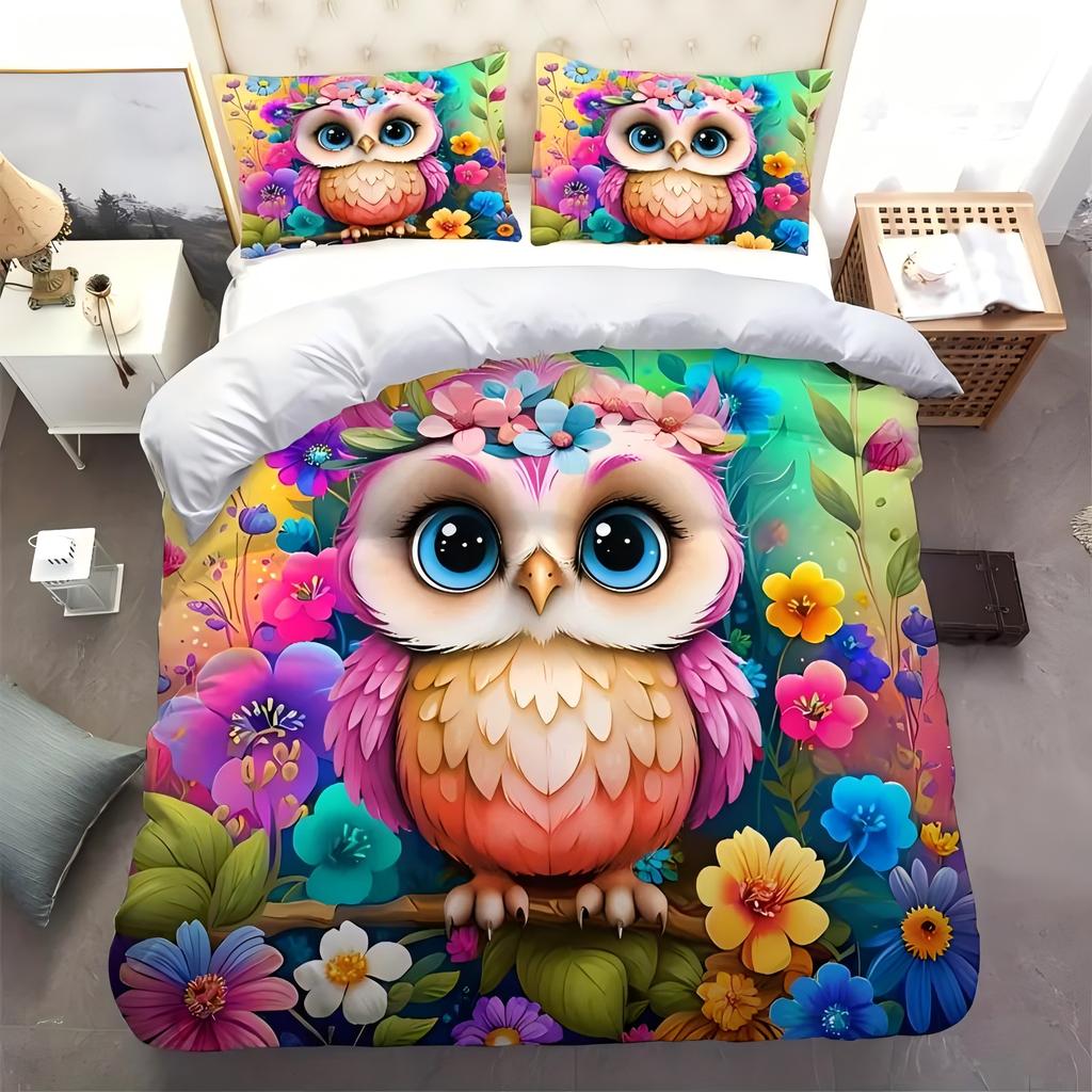 Owl Flower 3D Cartoon Print Bedding Cover Pillowcase Fantastic Colorful Style Comfortable Polyester Duvet Cover With Pillowcase