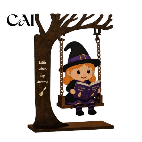 Halloween Celebration Accessories Funny Swing Ornament, Witch/Skeleton/Mummy/Pumpkin Ghost Sitting on Reusable Theme Props Reading Book Figurine
