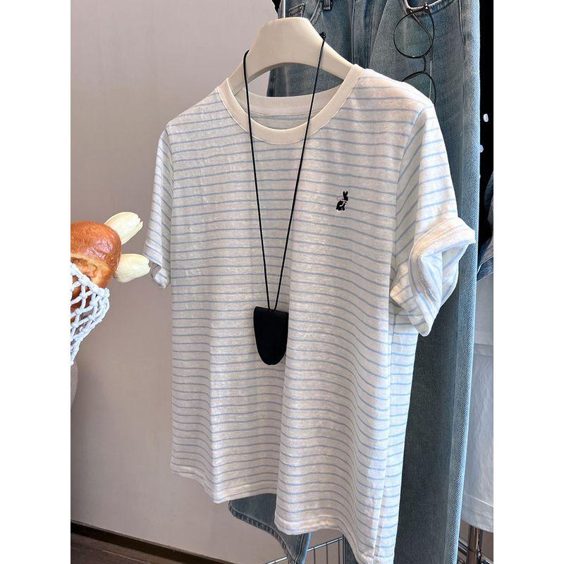 Fat Sister 120.00kg Plus Size Chic Embroider Stripes Short Sleeve T-shirt Female Spring and Summer Loose Slim Fit Slimming Youthful-Looking Tops Blue L