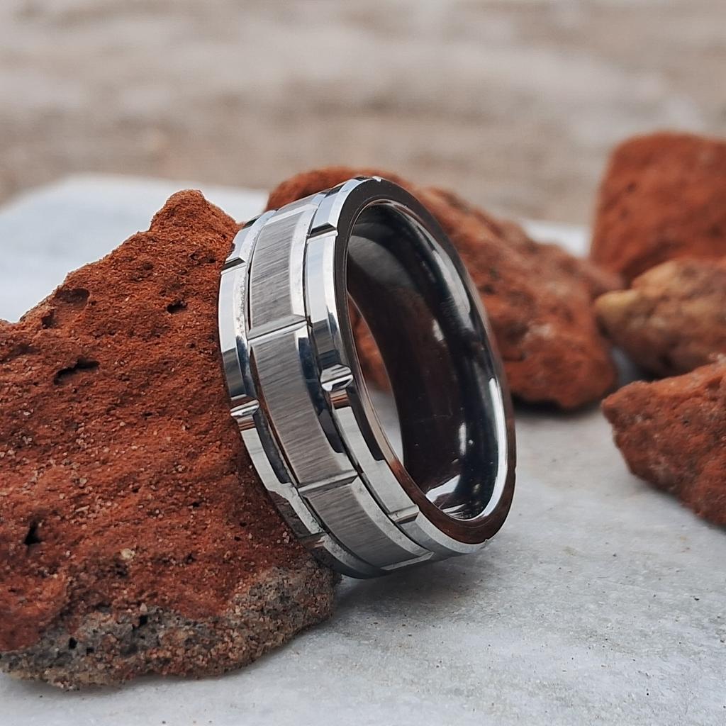 8mm Silver Tungsten Ring for Men–Durable with Mechanical Seal Inlay. Sleek and Unique Design, Perfect for Everyday Wear or Special Occasion