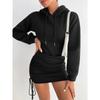Women Fashion Side Drawstring Pleated Hooded Long Sleeve Sweatshirt Dress