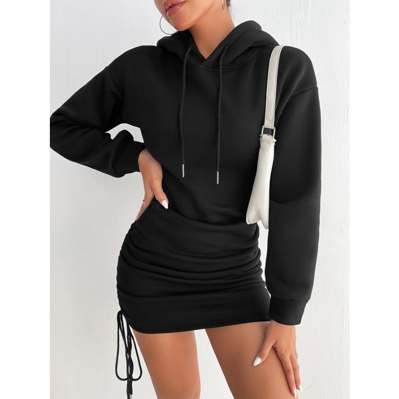Women Fashion Side Drawstring Pleated Hooded Long Sleeve Sweatshirt Dress