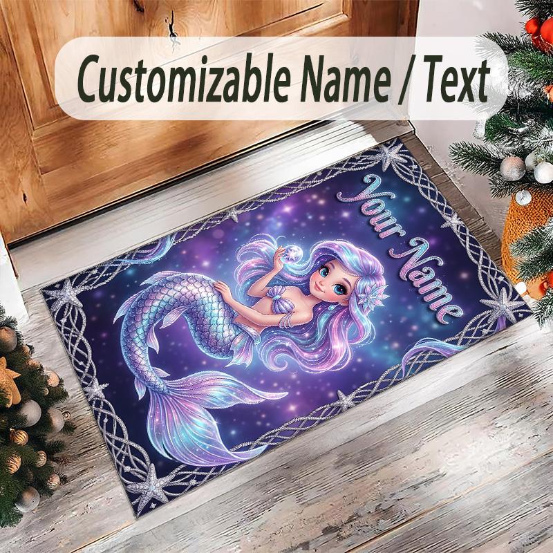 Mermaid Theme Crystal Velvet Floor Rug Personalized Custom Name Text Warm Carpet Home Decoration