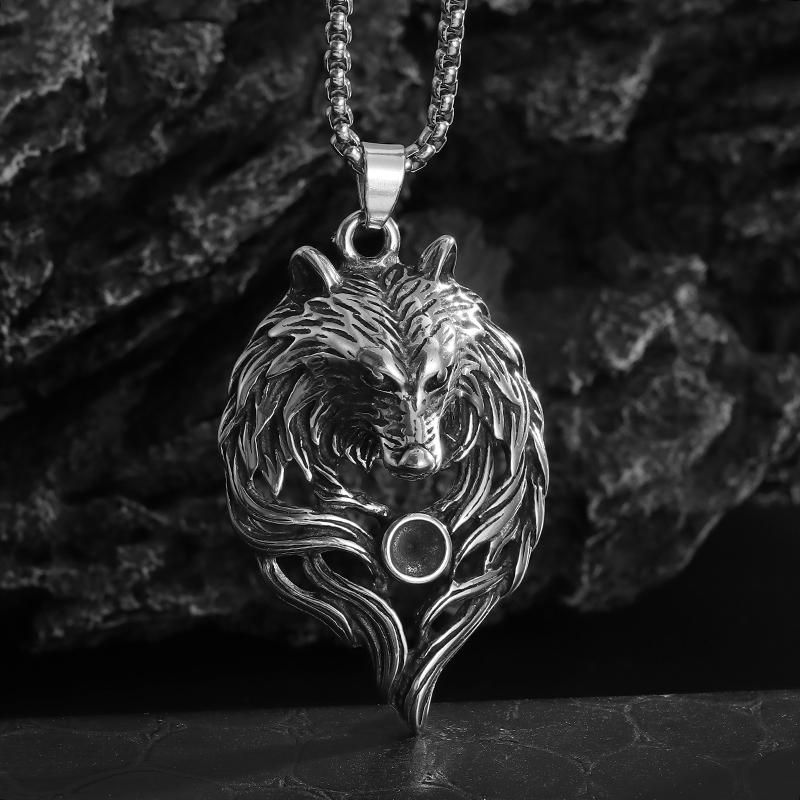 Stainless Steel Celtic Knot Wolf Head Pendant Necklace for Men Retro Nordic Punk Ornament Halloween Gift