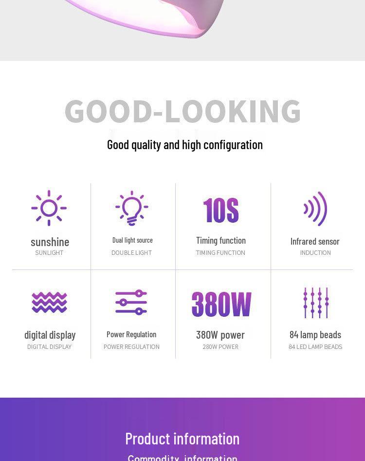 380W High Power UV Nail Lamp with Handle - Quick Dry & Red Light Phototherapy