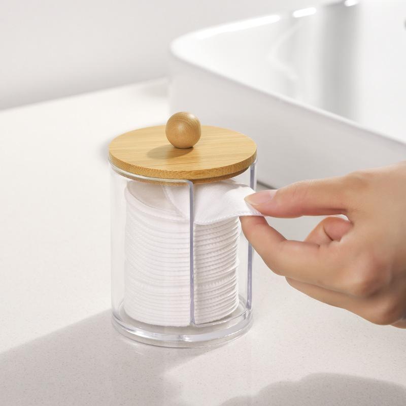 Cotton Swab Organizer with Bamboo Lid Clear Plastic Apothecary Jar for Bathroom Vanity Makeup Storage