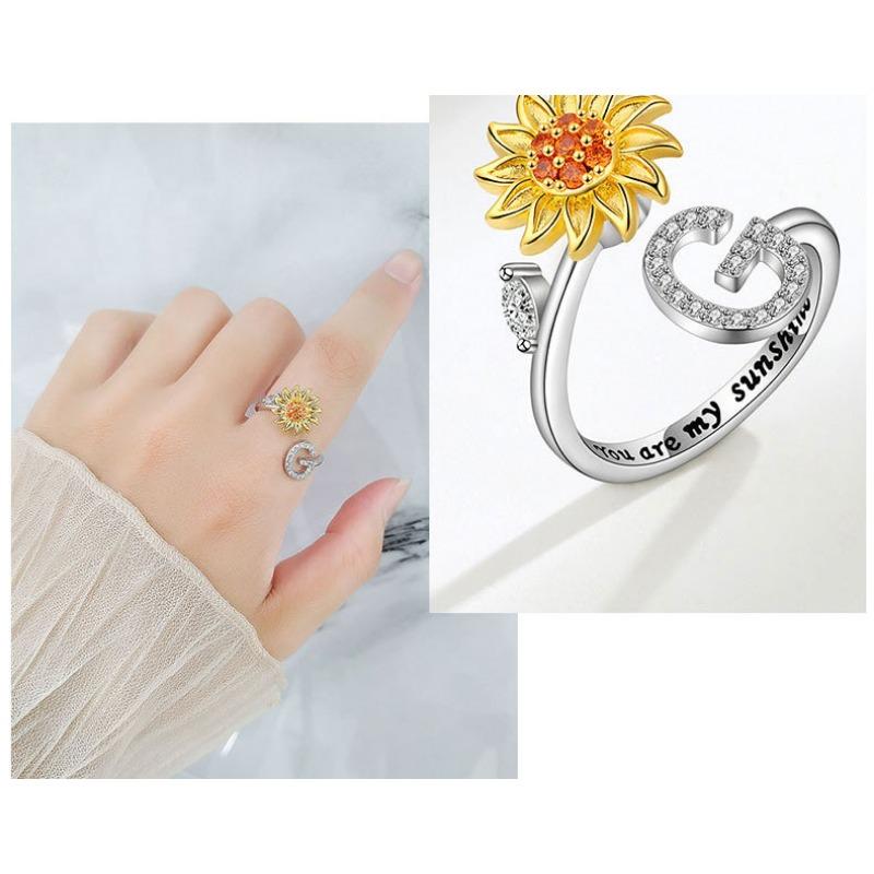 Creative Sunflower Rotating Ring 26 Letters Adjustable Open Design Women's Fashion Finger Jewelry Daily Wear & Gift Accessories