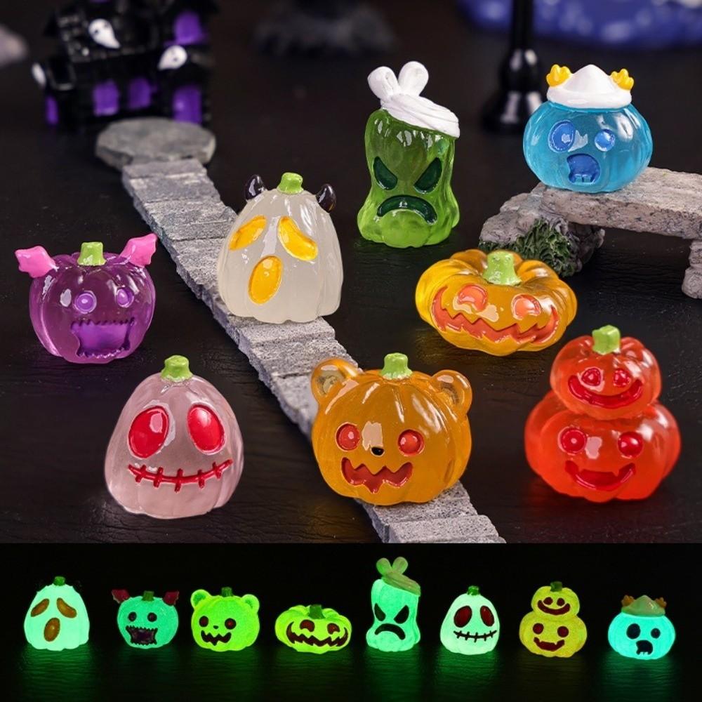 8pcs Micro Landscape Pumpkin Ghost Miniatures Luminous Little Statue  Garden Ornament