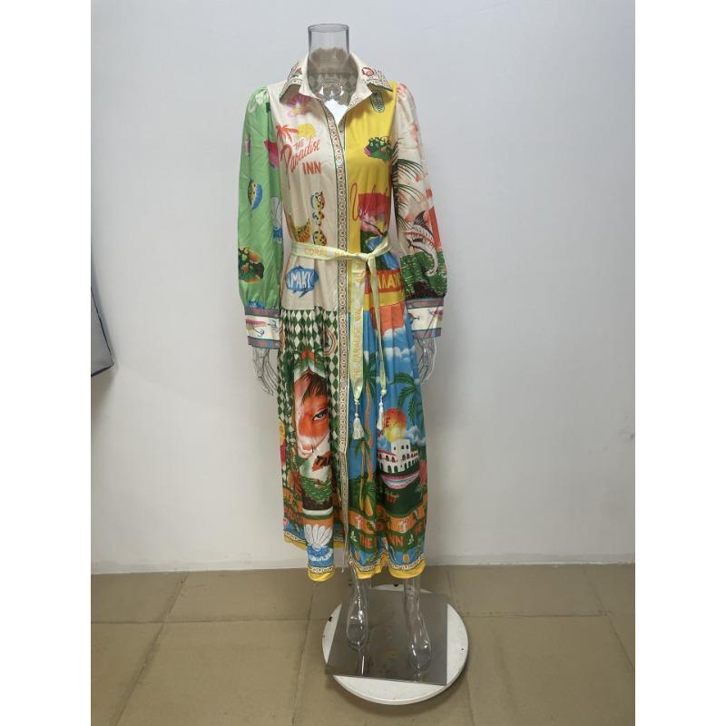 Women's Clothing, Printed, Lantern Sleeves, Waistband, Shirt Skirt, Waist Cinching, Dress