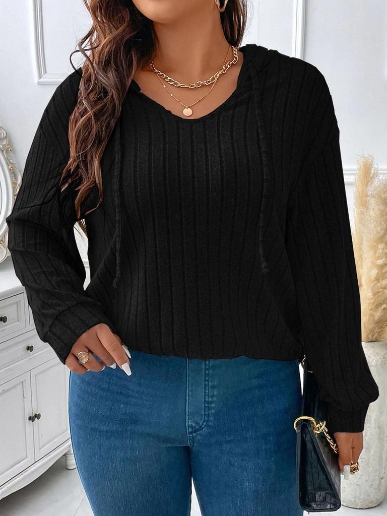 Plus Size Women Ribbed Knit Hooded Top V Neck Drawstring Long Sleeve Loose Casual T Shirt Fall Winter Basic Blouse