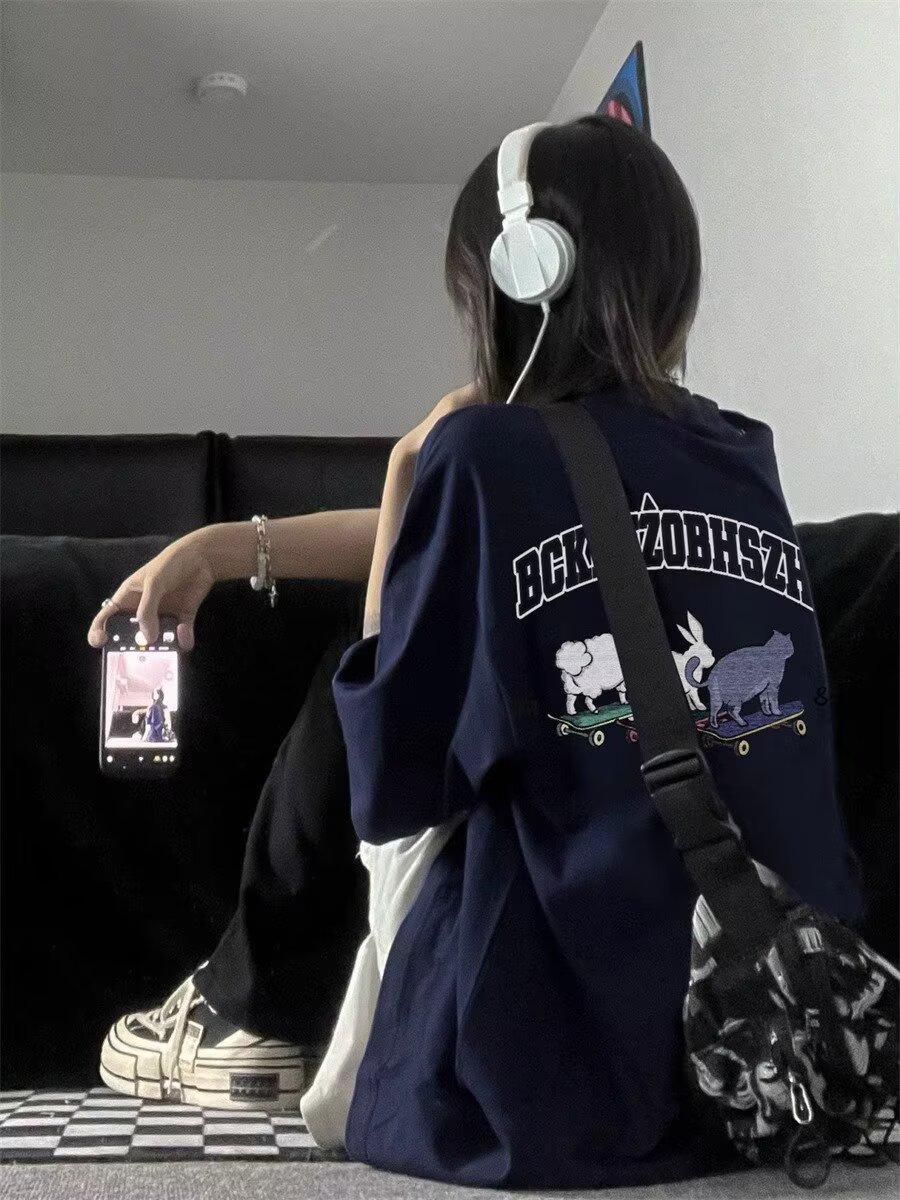 

Женская футболка из черного хлопка в стиле хип-хоп с графическим принтом - Модная, свободного кроя, с коротким рукавом, универсальная для весны/лета Medium темно-синий