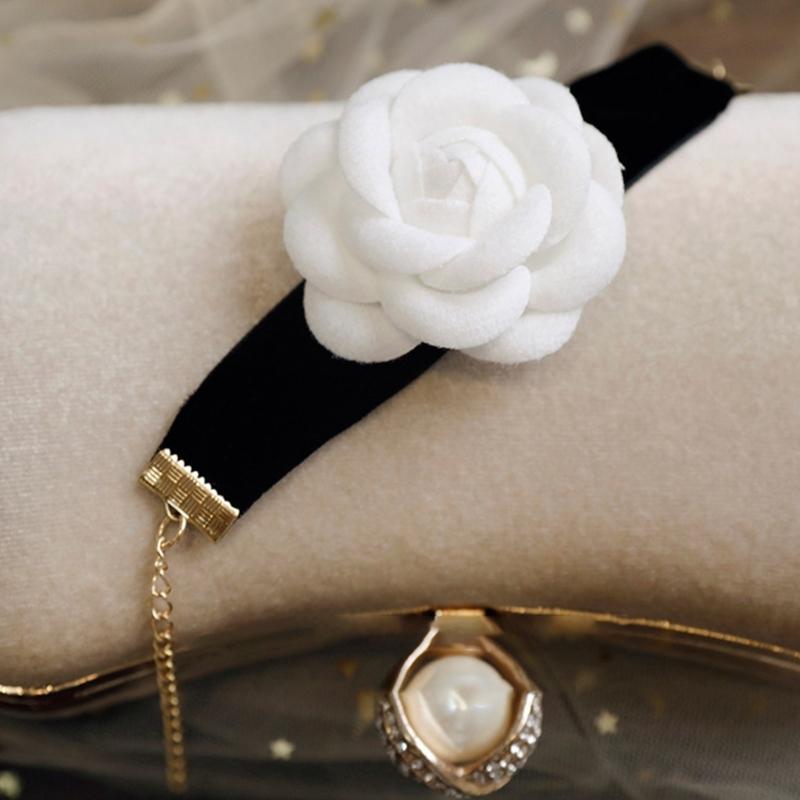 Elegant Camellia Choker Necklace Bracelet White Flower Collar Necklace Vintage Velvet Choker Bracelet Fashion Jewelry